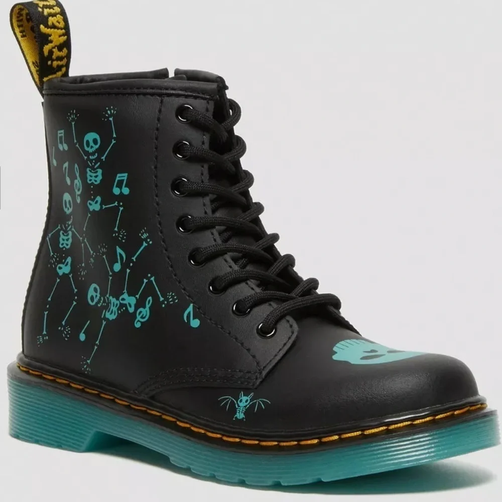 DR. MARTEN Kids Glow in the Dark Skeleton Combat Style Boots Skelly Print Hydro